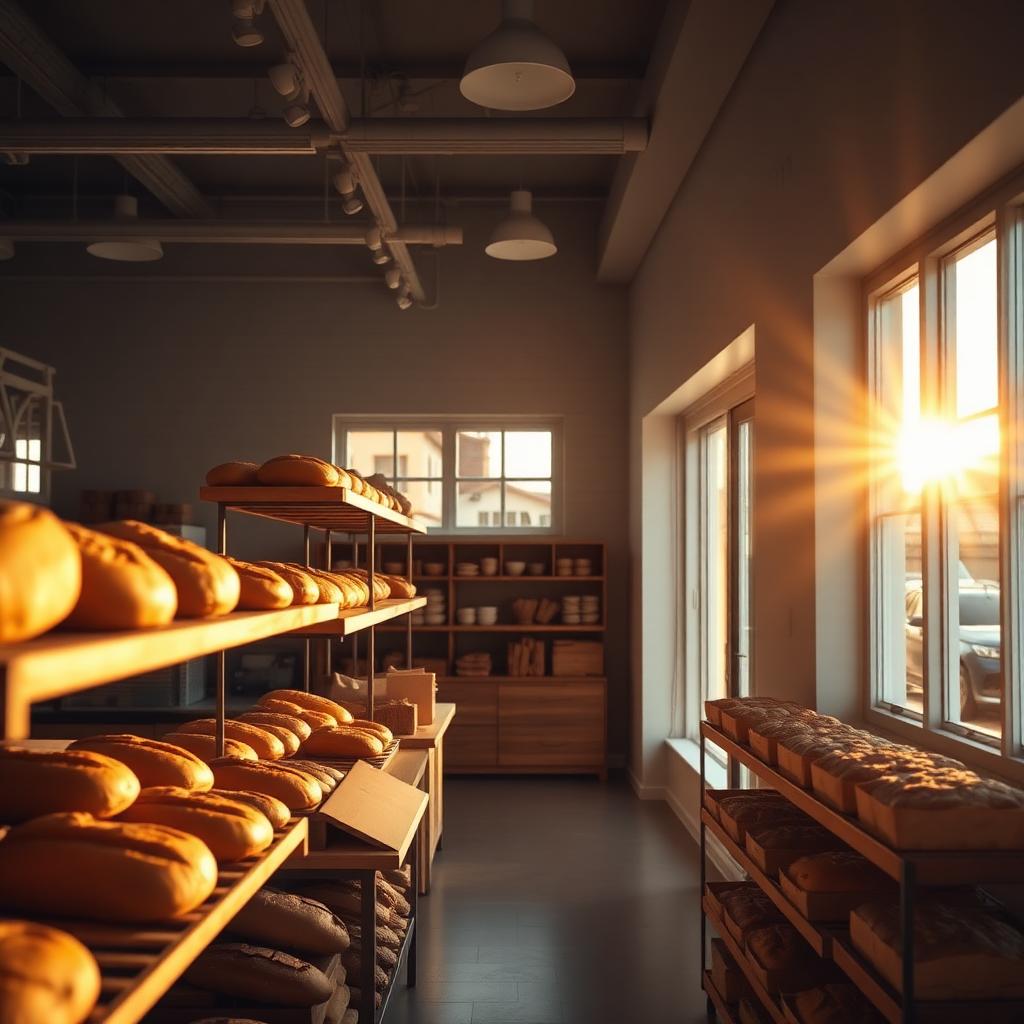 Warm modern bakery interior at golden hour