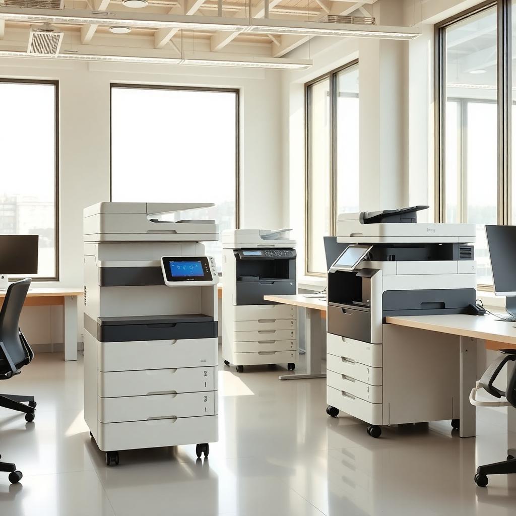 Bright modern office with copiers and multifunction printers