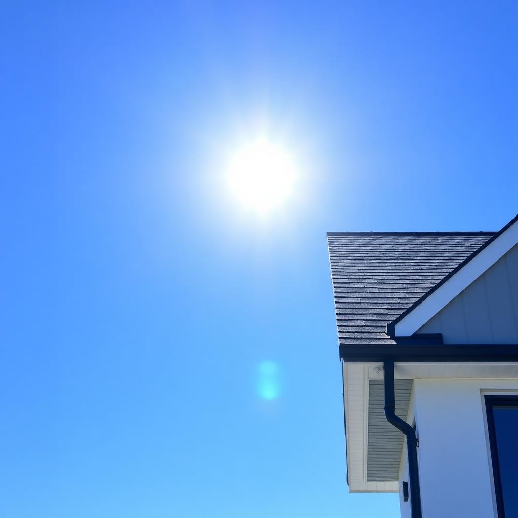 Freshly installed shingle roof under a clear blue sky