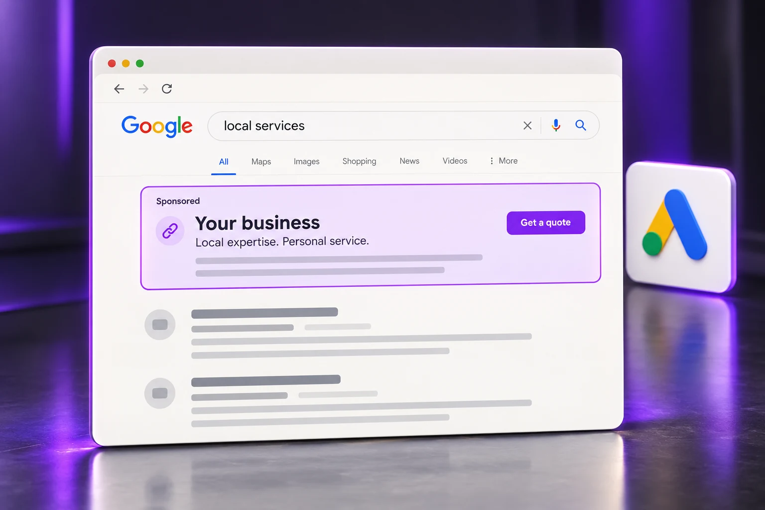 Illustrative Google search ad with Your business highlighted and the Google Ads logo
