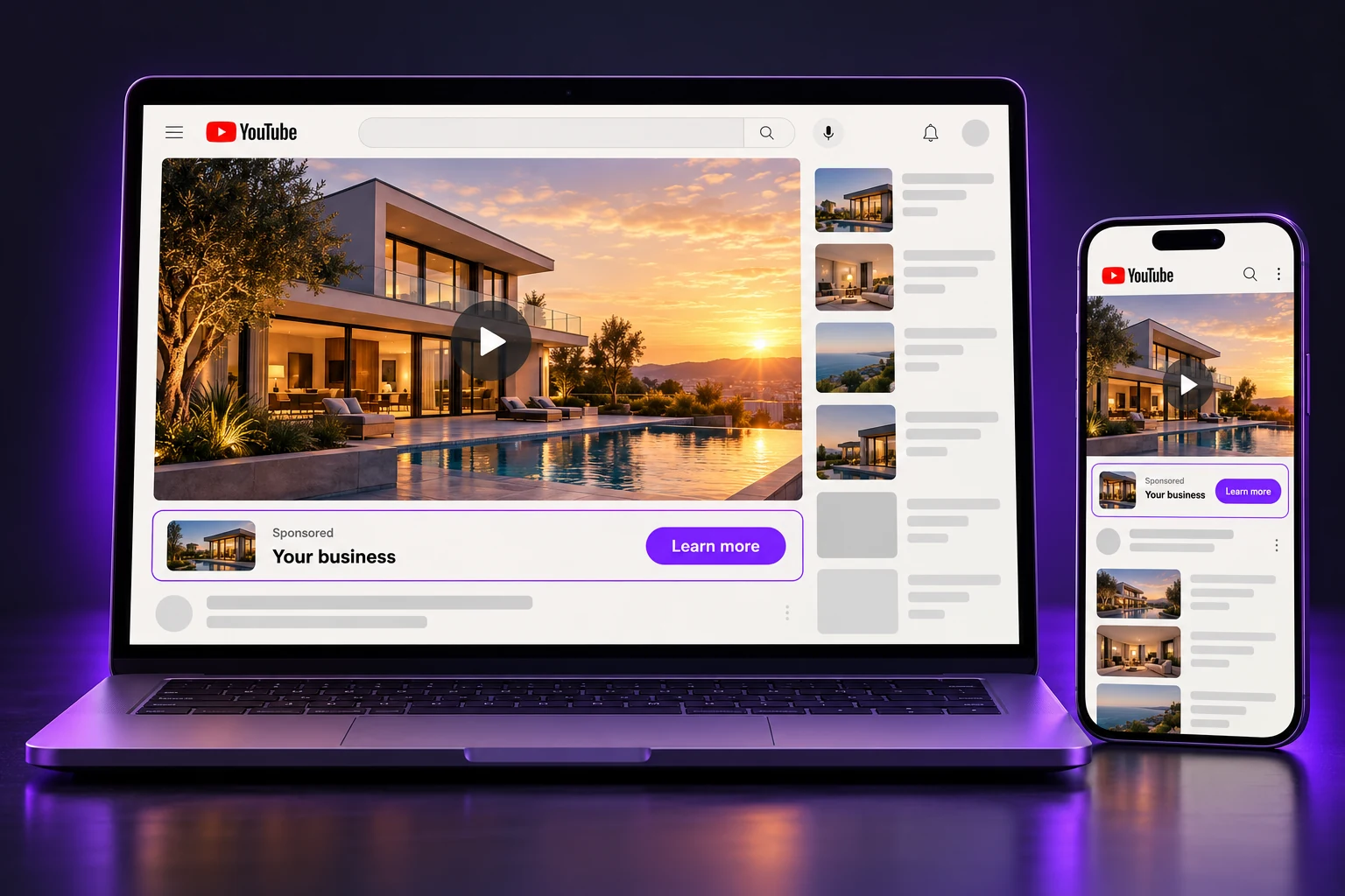Illustrative YouTube sponsored video ad for Your business on a browser and phone
