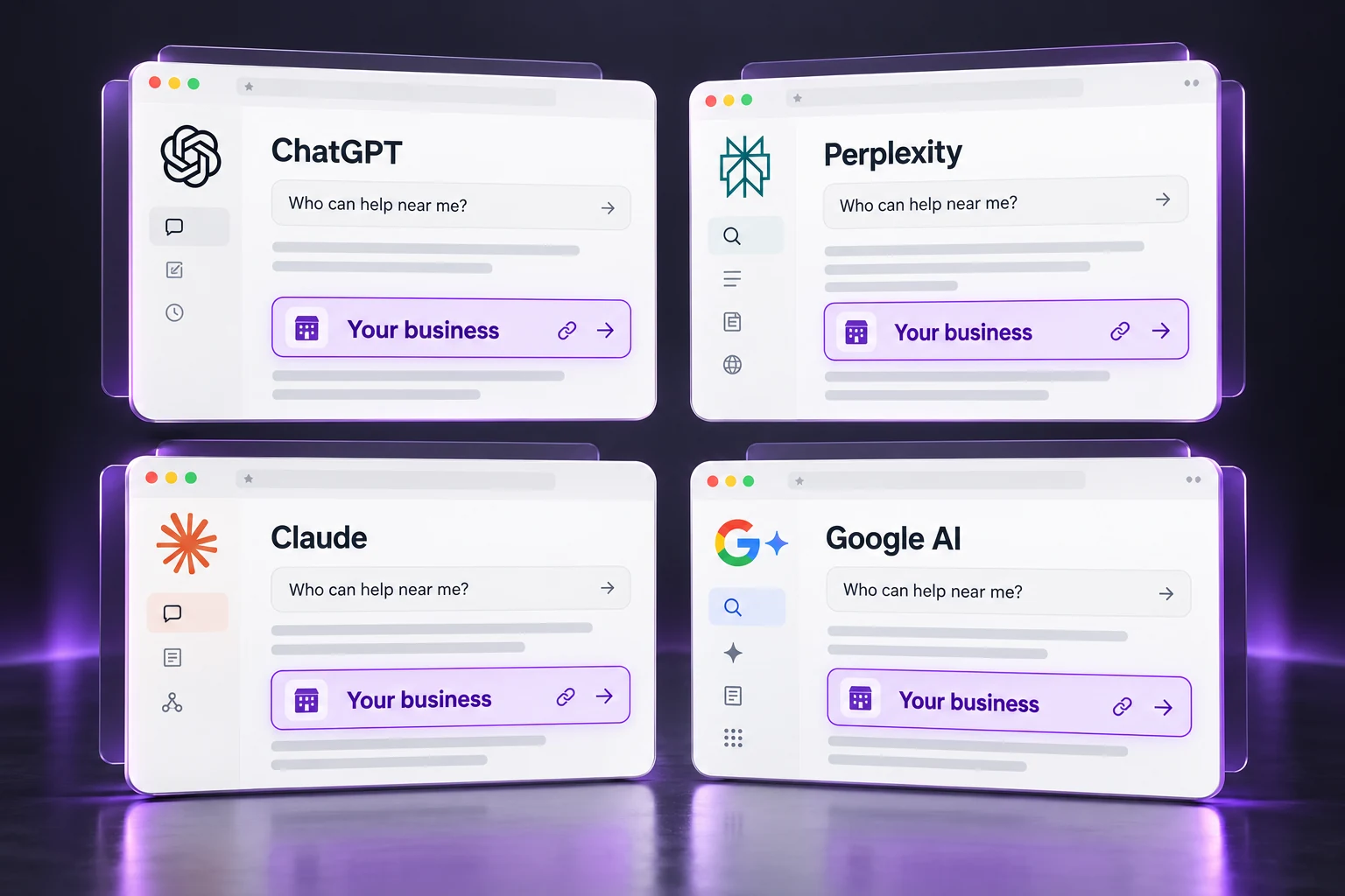 Illustrative AI answer cards for ChatGPT, Perplexity, Claude, and Google AI with Your business highlighted