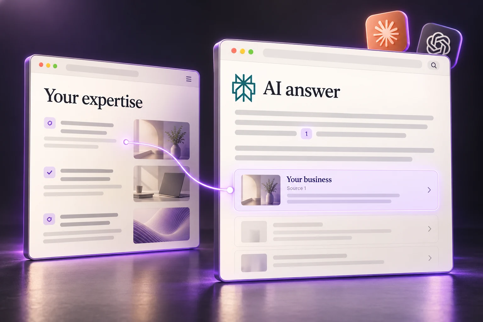 Illustration of a business website referenced as a highlighted source in an AI answer