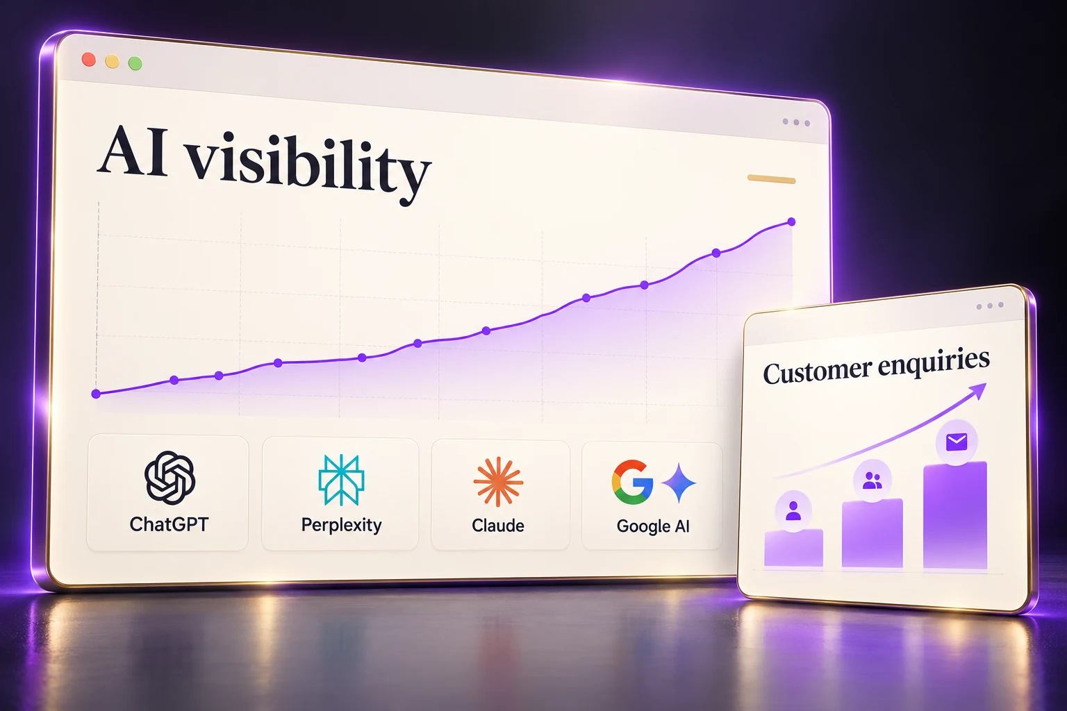 Illustrative AI visibility dashboard with platform logos and an increasing customer enquiries chart