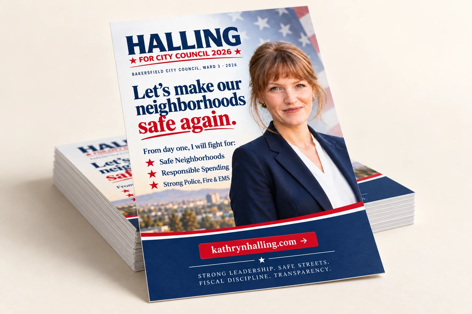 Kathryn Halling’s campaign flyer presented as a printed stack with a three-dimensional angle and soft studio shadows.