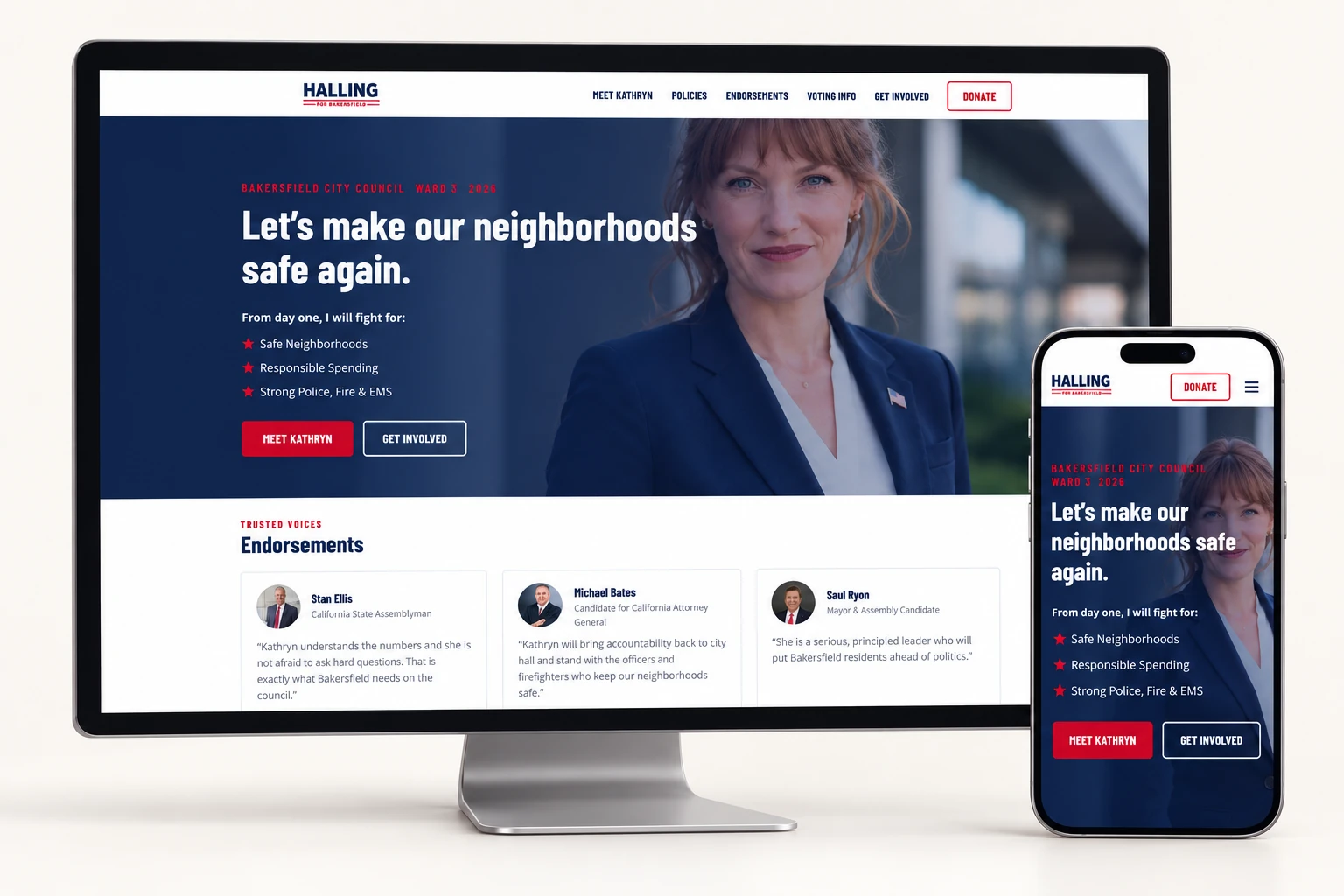 Kathryn Halling’s campaign website presented on a desktop monitor and phone, showing the homepage on each screen.