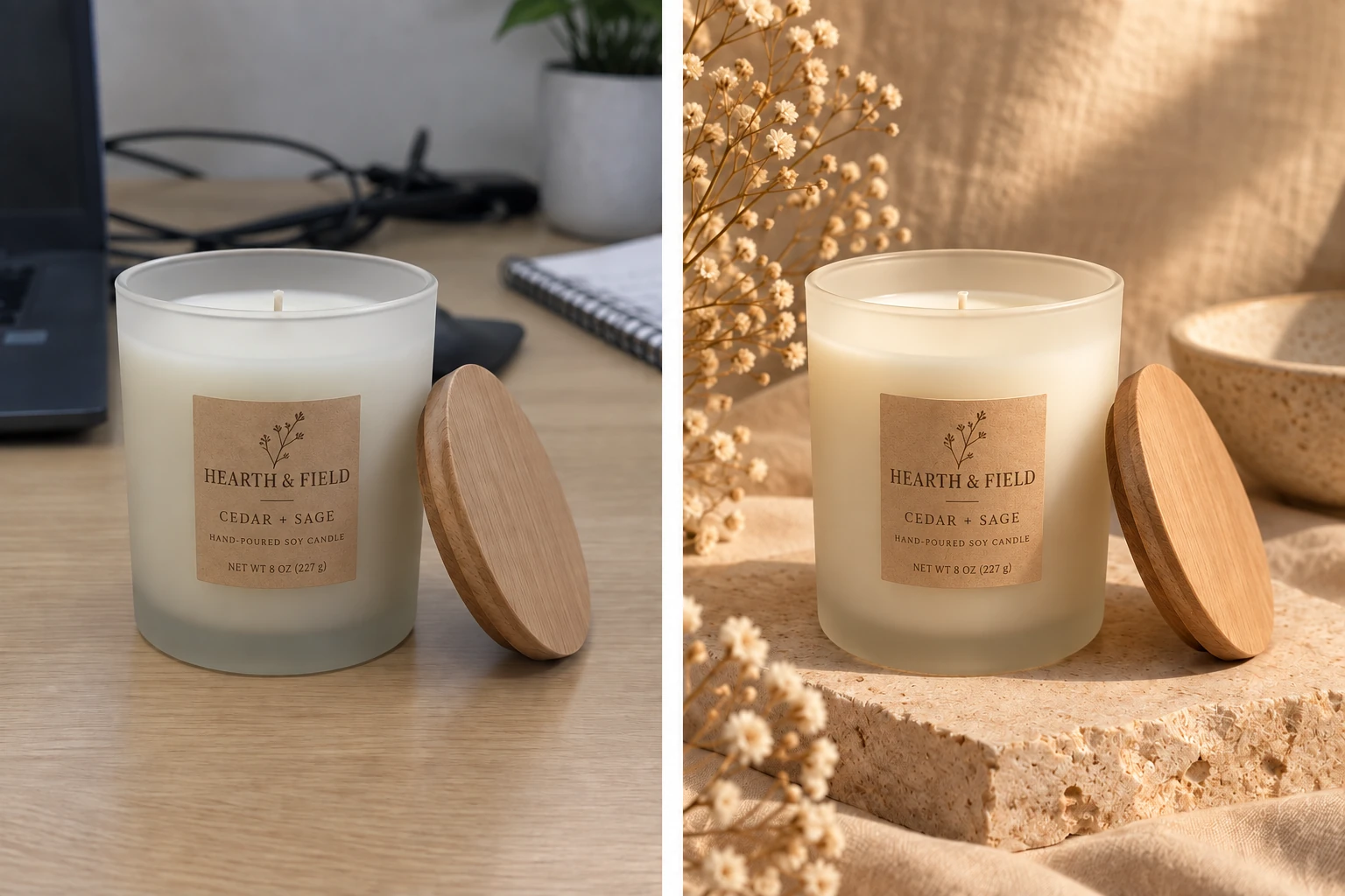Candle - Home Fragrance comparison: simulated phone snapshot on the left and polished AI product photography on the right.
