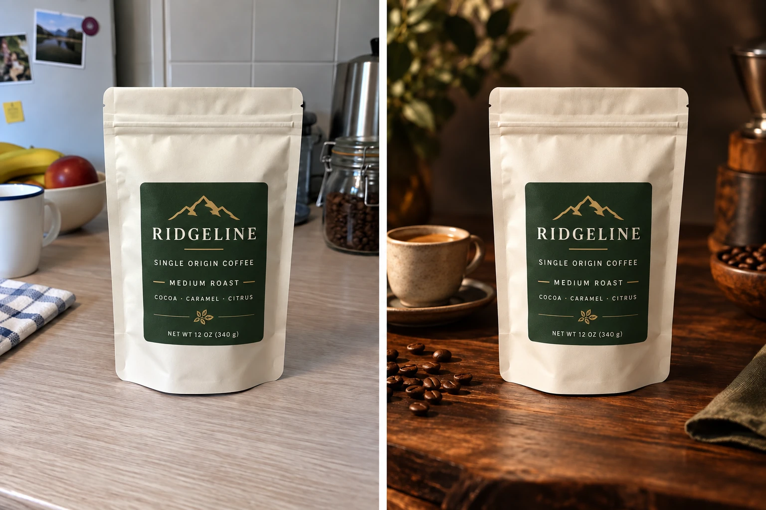 Coffee - Artisan Campaign comparison: simulated phone snapshot on the left and polished AI product photography on the right.