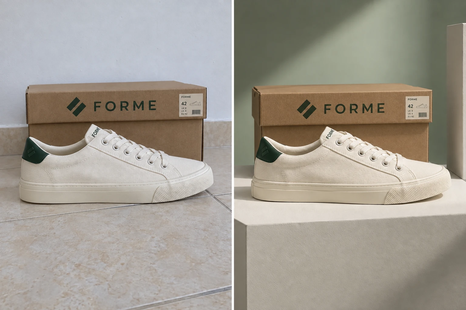 Footwear - Studio Campaign comparison: simulated phone snapshot on the left and polished AI product photography on the right.