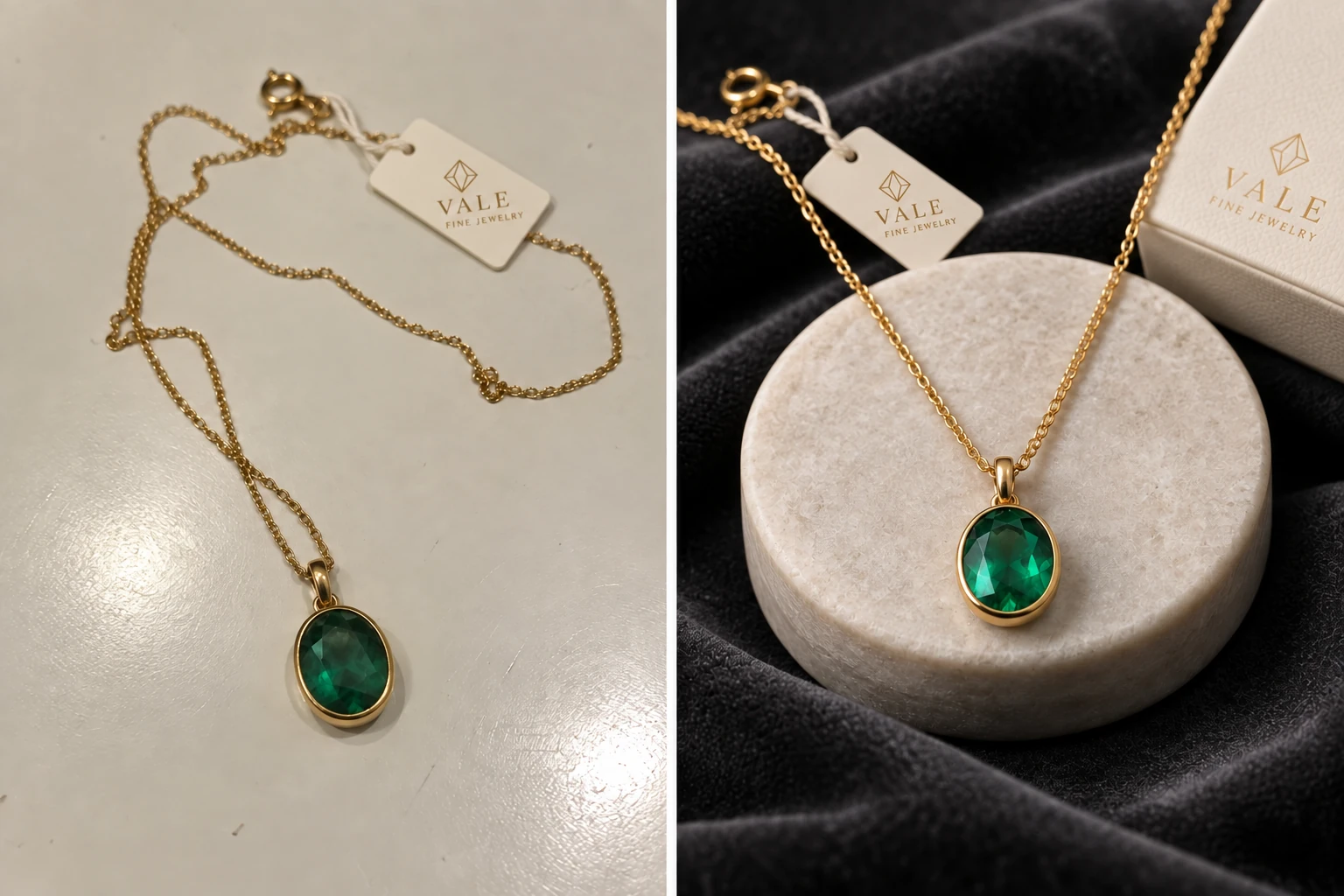 Jewelry - Luxury Detail comparison: simulated phone snapshot on the left and polished AI product photography on the right.