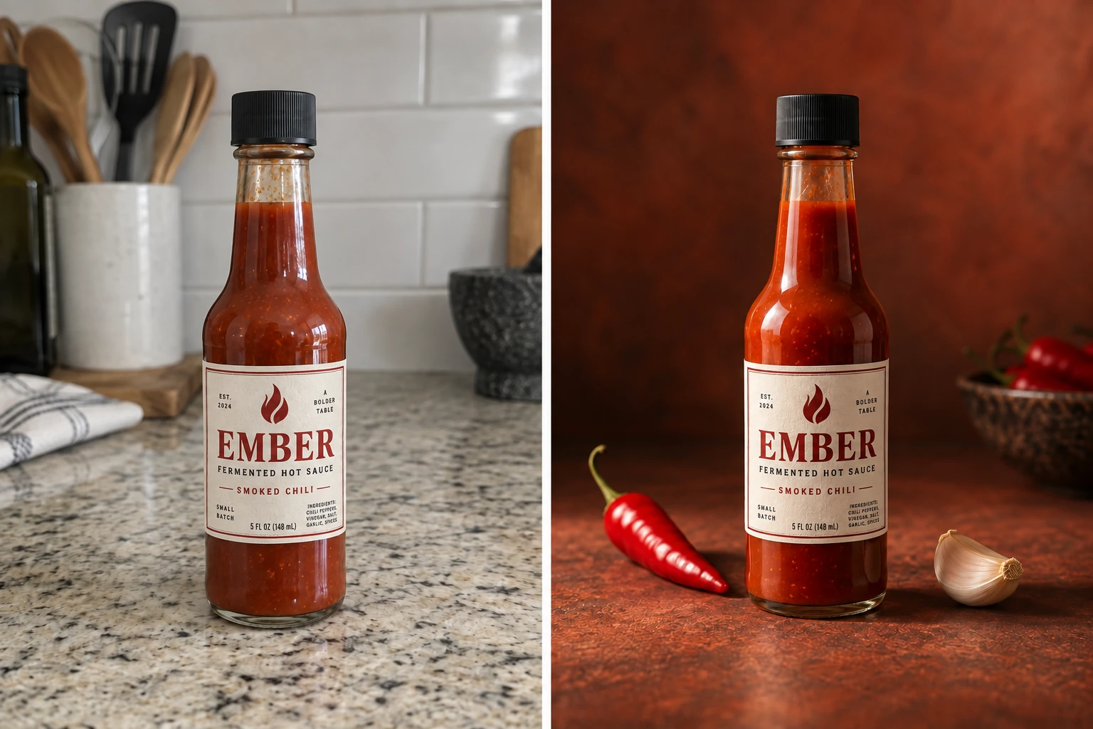 Hot Sauce - Food Campaign comparison: simulated phone snapshot on the left and polished AI product photography on the right.