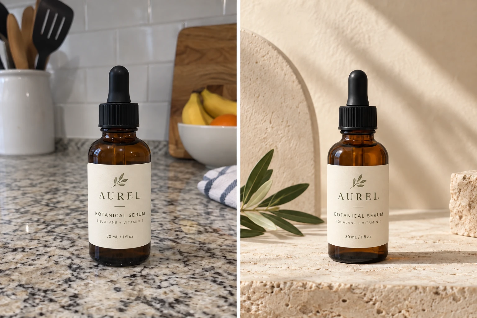 Skincare - Beauty Campaign comparison: simulated phone snapshot on the left and polished AI product photography on the right.
