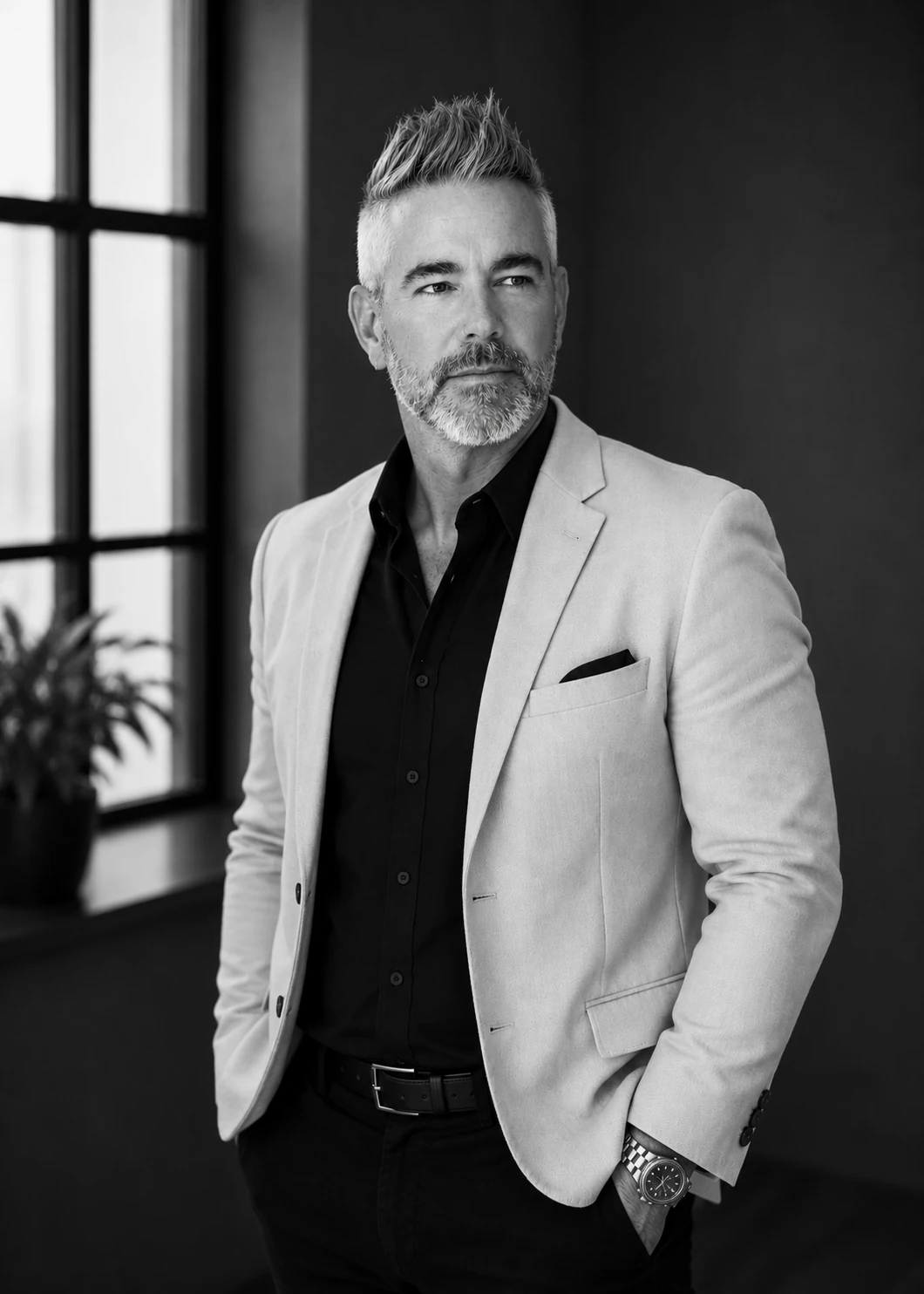 Portrait of Christian Clark. OHO Hawaii. A black-and-white business portrait with natural window light.