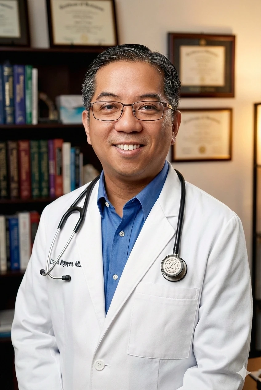 Portrait of Dr. Danh Nguyen. Premier Family Health Care. An environmental physician portrait in an office setting.