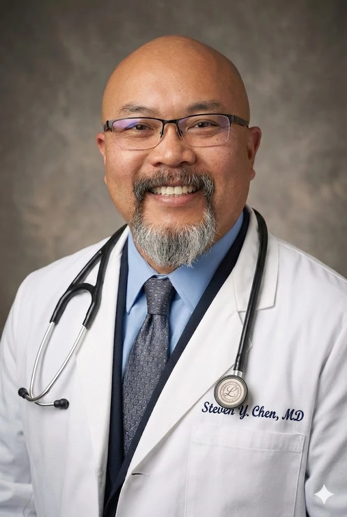 Portrait of Dr. Steven Chen. Premier Family Health Care. A professional physician headshot with a neutral studio backdrop.