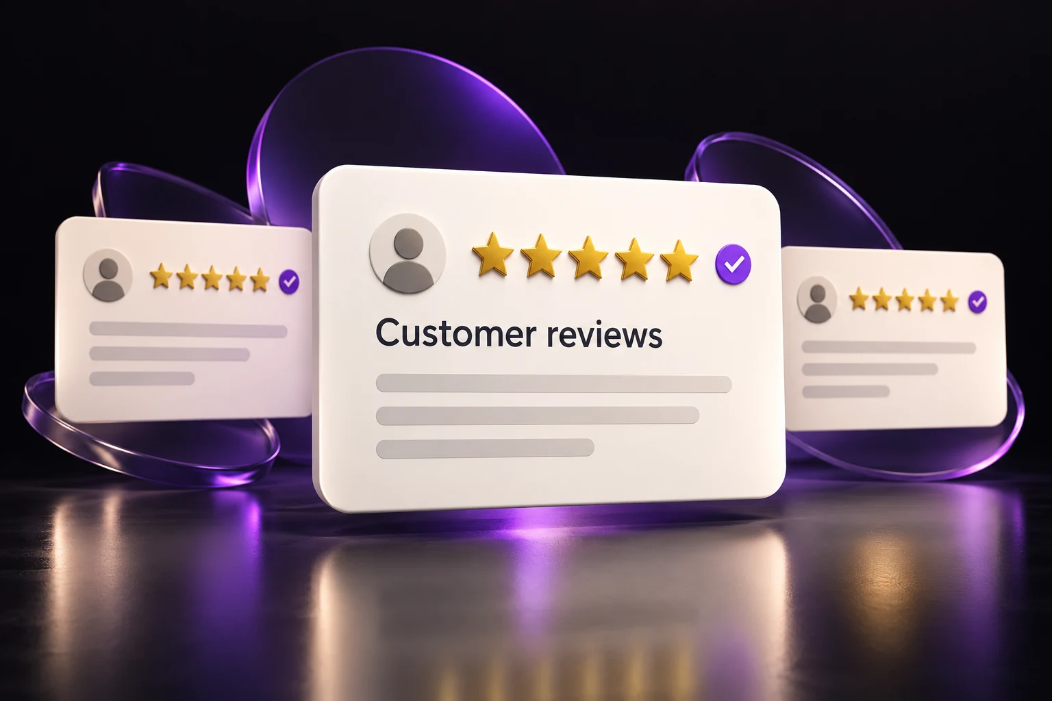 Illustration of customer review cards with five gold stars and purple accents