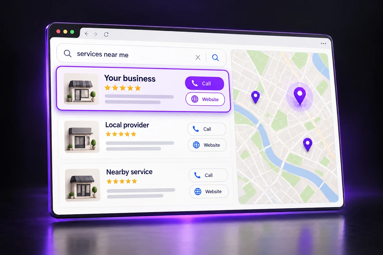 Illustrative local search map pack with Your business highlighted beside a map