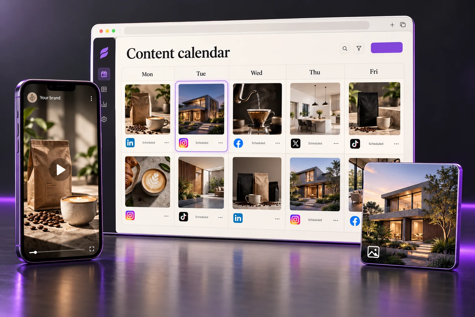 Illustrative social media content calendar with scheduled posts, a branded video, and an image preview