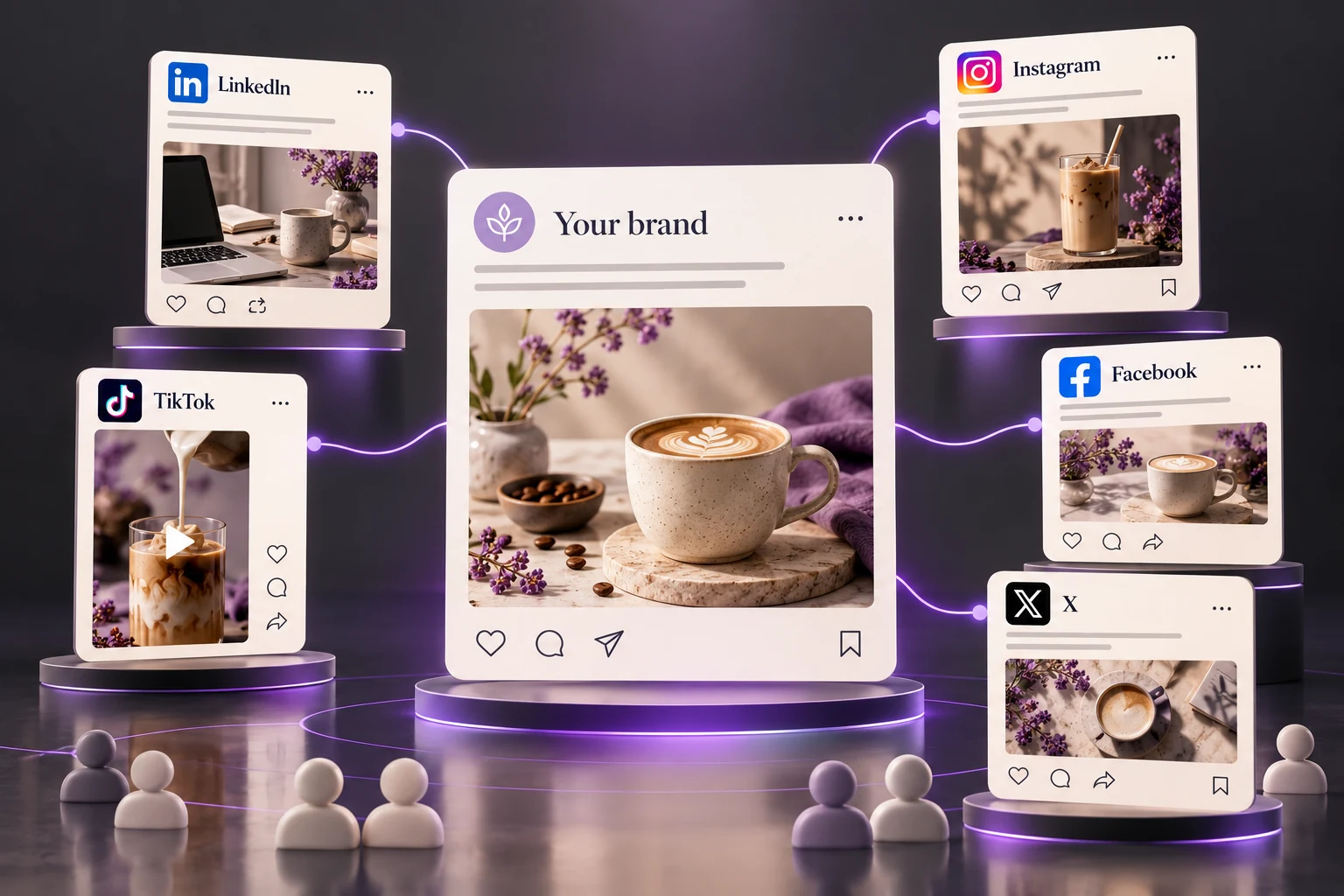 Illustrative brand content connected to LinkedIn, Instagram, Facebook, X, and TikTok