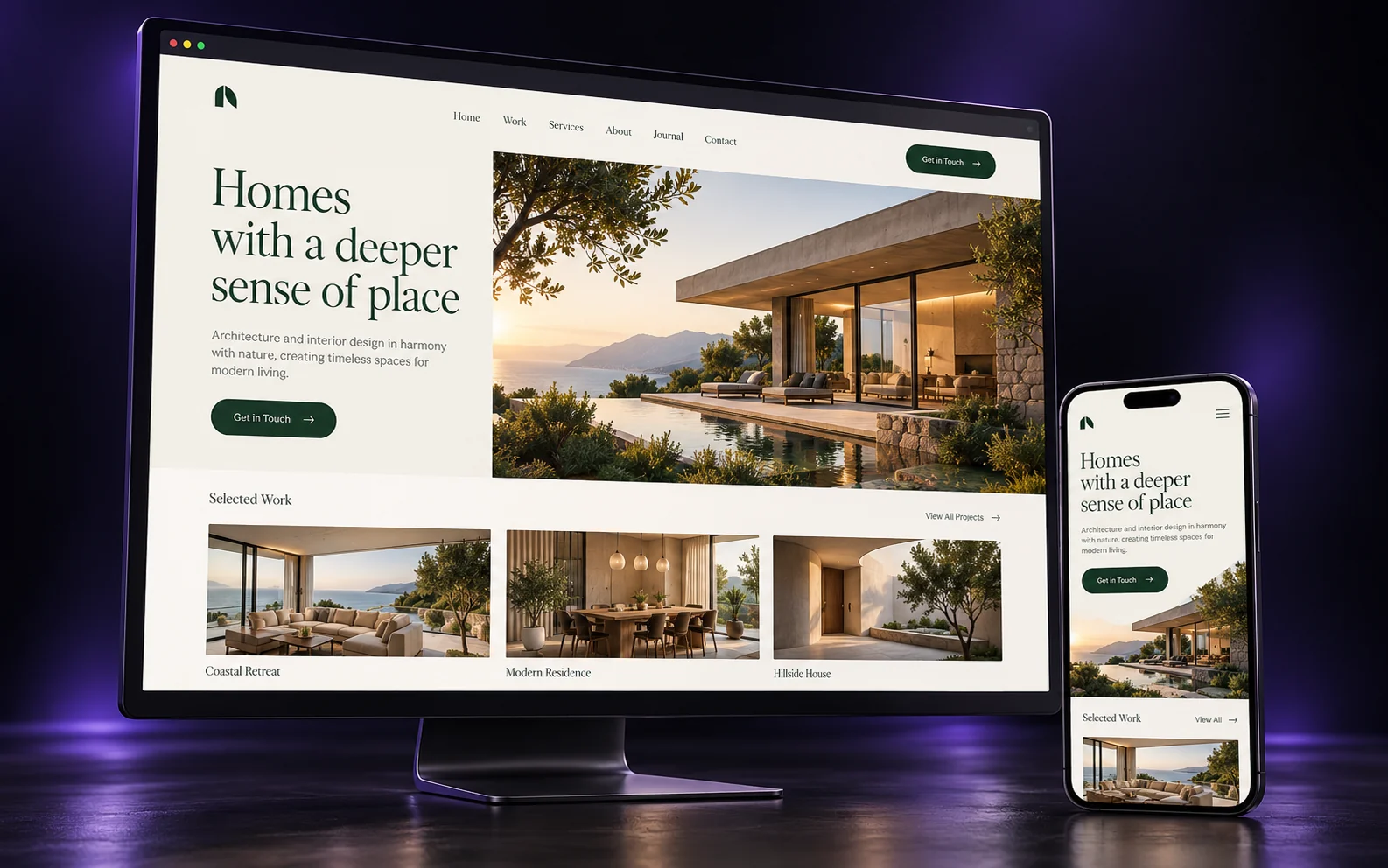 Architecture website design concept shown on a desktop monitor and phone