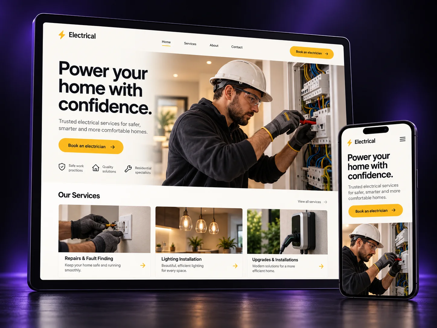 Electricians website mockup on a tablet and phone