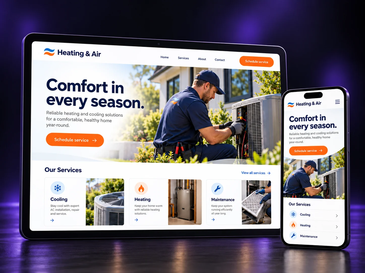 HVAC website mockup on a tablet and phone