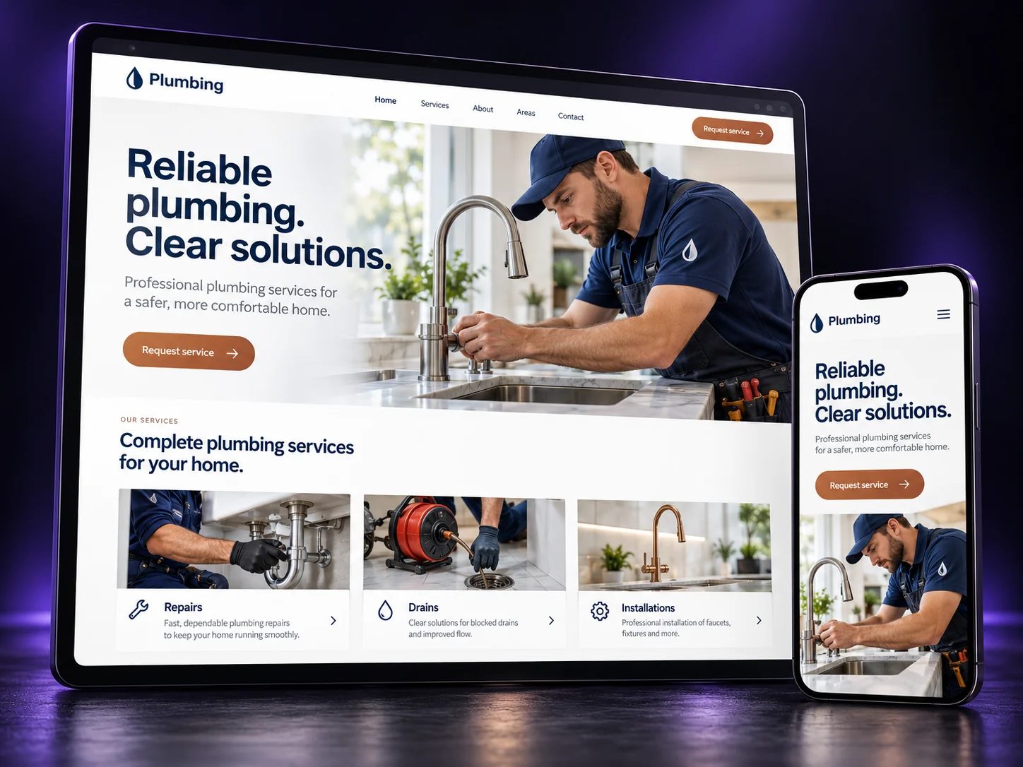 Plumbers website mockup on a tablet and phone